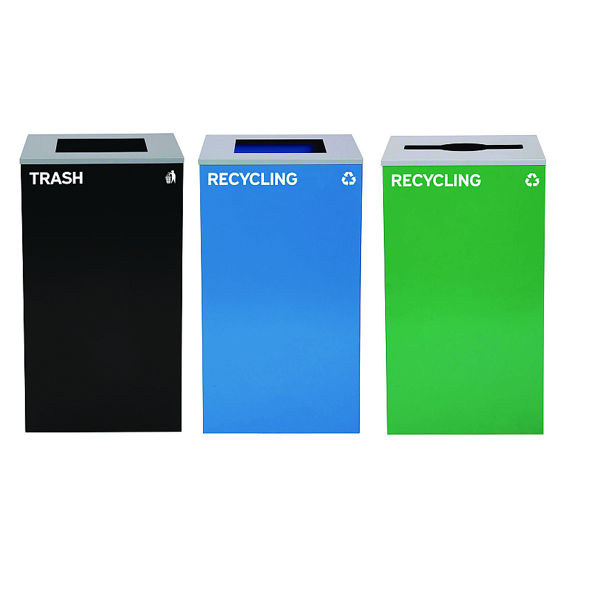 Alpine 29 Gallon Trash/Recycling Cans, Steel, Blue Recycling Can and Black Trash Can w/Sq Lid, Green Recycling Can with Mixed Lid (ALH4450BLKKIT21)