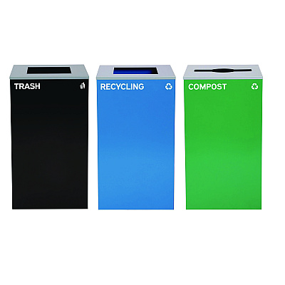 Alpine 29 Gallon Trash/Recycling Cans, Steel, Blue Recycling Can and Black Trash Can w/Square Lids, Green Compost Can with Mixed Lid (ALH4450BLKKIT23)