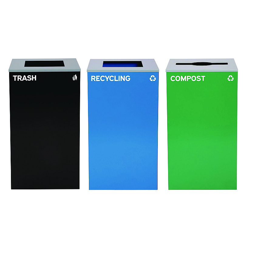 Alpine 29 Gallon Trash/Recycling Cans, Steel, Blue Recycling Can and Black Trash Can w/Square Lids, Green Compost Can with Mixed Lid (ALH4450BLKKIT23)