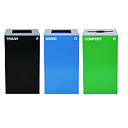 Alpine 29 Gallon Trash/Recycling Cans, Steel, Blue Mixed Recycling and Black Trash Cans w/Square Lids, Green Compost Can w/Mixed Lid (ALH4450BLKKIT24)
