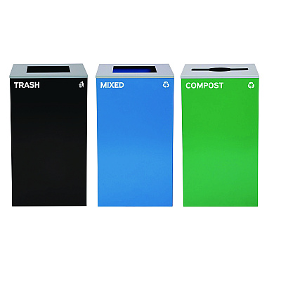 Alpine 29 Gallon Trash/Recycling Cans, Steel, Blue Mixed Recycling and Black Trash Cans w/Square Lids, Green Compost Can w/Mixed Lid (ALH4450BLKKIT24)