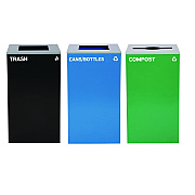 Alpine 29 Gallon Trash/Recycling Cans, Steel, Blue Cans/Bottles Recycling and Black Trash Can w/Sq Lid, Green Compost Can Mixed Lid (ALH4450BLKKIT25)