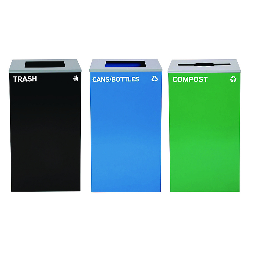 Alpine 29 Gallon Trash/Recycling Cans, Steel, Blue Cans/Bottles Recycling and Black Trash Can w/Sq Lid, Green Compost Can Mixed Lid (ALH4450BLKKIT25)