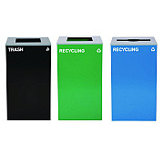 Alpine 29 Gallon Trash/Recycling Cans, Steel, Blue Recycling Can w/Mixed Lid, Green Recycling Can and Black Trash Can with Sq Lid (ALH4450BLKKIT26)