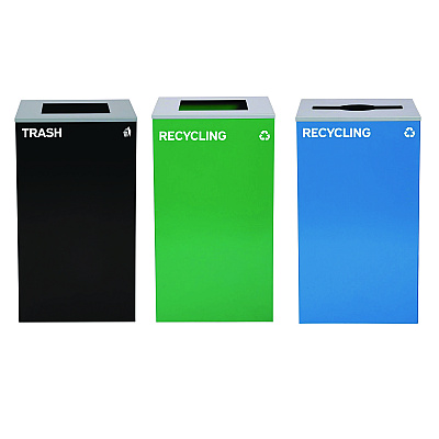 Alpine 29 Gallon Trash/Recycling Cans, Steel, Blue Recycling Can w/Mixed Lid, Green Recycling Can and Black Trash Can with Sq Lid (ALH4450BLKKIT26)