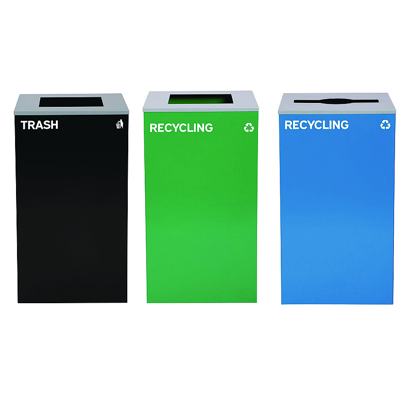 Alpine 29 Gallon Trash/Recycling Cans, Steel, Blue Recycling Can w/Mixed Lid, Green Recycling Can and Black Trash Can with Sq Lid (ALH4450BLKKIT26)