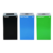 Alpine 29 Gallon Trash/Recycling Cans, Steel, Blue Recycling Can and Green Compost Can w/Mixed Lids, Black Trash Can with Square Lid (ALH4450BLKKIT27)