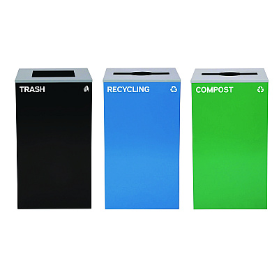 Alpine 29 Gallon Trash/Recycling Cans, Steel, Blue Recycling Can and Green Compost Can w/Mixed Lids, Black Trash Can with Square Lid (ALH4450BLKKIT27)