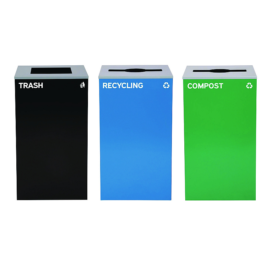 Alpine 29 Gallon Trash/Recycling Cans, Steel, Blue Recycling Can and Green Compost Can w/Mixed Lids, Black Trash Can with Square Lid (ALH4450BLKKIT27)