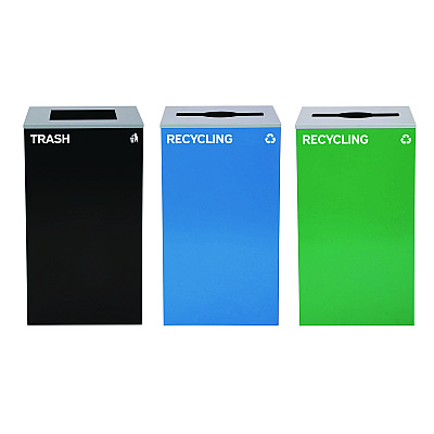 Alpine 29 Gallon Trash/Recycling Cans, Steel, Blue Recycling Can and Green Recycling Can w/Mixed Lids, Black Trash Can w/Square Lid (ALH4450BLKKIT30)
