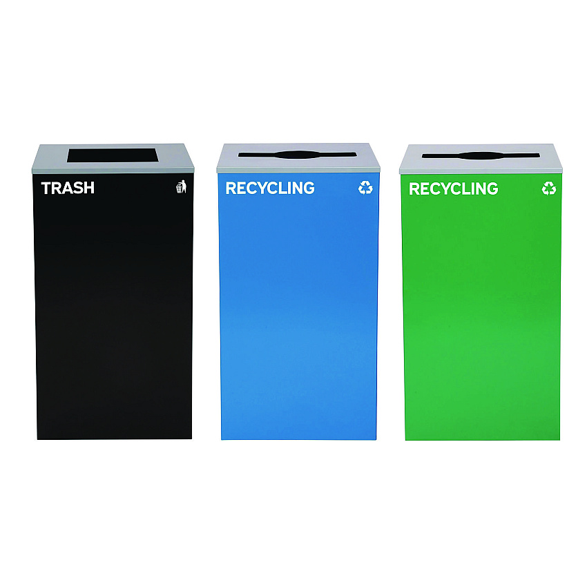 Alpine 29 Gallon Trash/Recycling Cans, Steel, Blue Recycling Can and Green Recycling Can w/Mixed Lids, Black Trash Can w/Square Lid (ALH4450BLKKIT30)