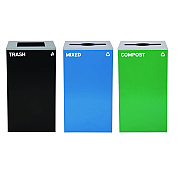 Alpine 29 Gallon Trash/Recycling Cans, Steel, Blue Mixed Recycling and Green Compost Cans w/Mixed Lids, Black Trash Can w/Square Lid (ALH4450BLKKIT28)