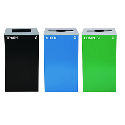Alpine 29 Gallon Trash/Recycling Cans, Steel, Blue Mixed Recycling and Green Compost Cans w/Mixed Lids, Black Trash Can w/Square Lid (ALH4450BLKKIT28)