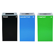 Alpine 29 Gallon Trash/Recycling Cans, Steel, Blue Cans/Bottles Recycling and Green Compost Can w/Mixed Lid, Black Trash Can Sq Lid (ALH4450BLKKIT29)
