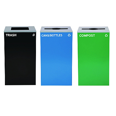 Alpine 29 Gallon Trash/Recycling Cans, Steel, Blue Cans/Bottles Recycling and Green Compost Can w/Mixed Lid, Black Trash Can Sq Lid (ALH4450BLKKIT29)