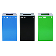 Alpine 29 Gallon Trash/Recycling Cans, Steel, Blue Cans/Bottles with Circle Lid, Green Compost and Black Trash Cans with Square Lids (ALH4450BLKKIT34)