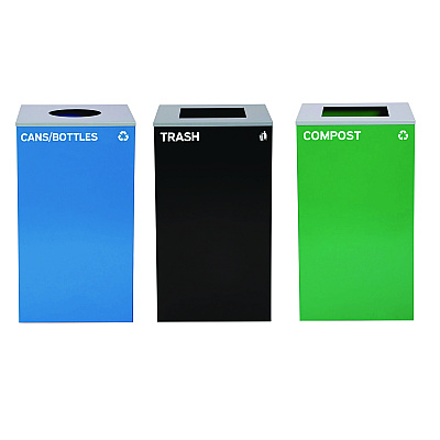Alpine 29 Gallon Trash/Recycling Cans, Steel, Blue Cans/Bottles with Circle Lid, Green Compost and Black Trash Cans with Square Lids (ALH4450BLKKIT34)