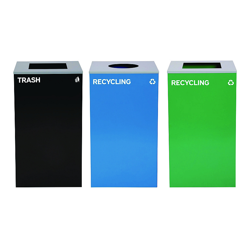 Alpine 29 Gallon Trash/Recycling Cans, Steel, Blue Recycling Can w/Circle Lid, Green Recycling Can and Black Trash Can w/Square Lids (ALH4450BLKKIT35)