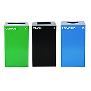 Alpine 29 Gallon Trash/Recycling Cans, Steel, Blue Recycling Can w/Circle Lid, Green Compost w/Mixed Lid, Black Trash w/Square Lid (ALH4450BLKKIT36)