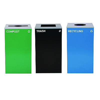 Alpine 29 Gallon Trash/Recycling Cans, Steel, Blue Recycling Can w/Circle Lid, Green Compost w/Mixed Lid, Black Trash w/Square Lid (ALH4450BLKKIT36)