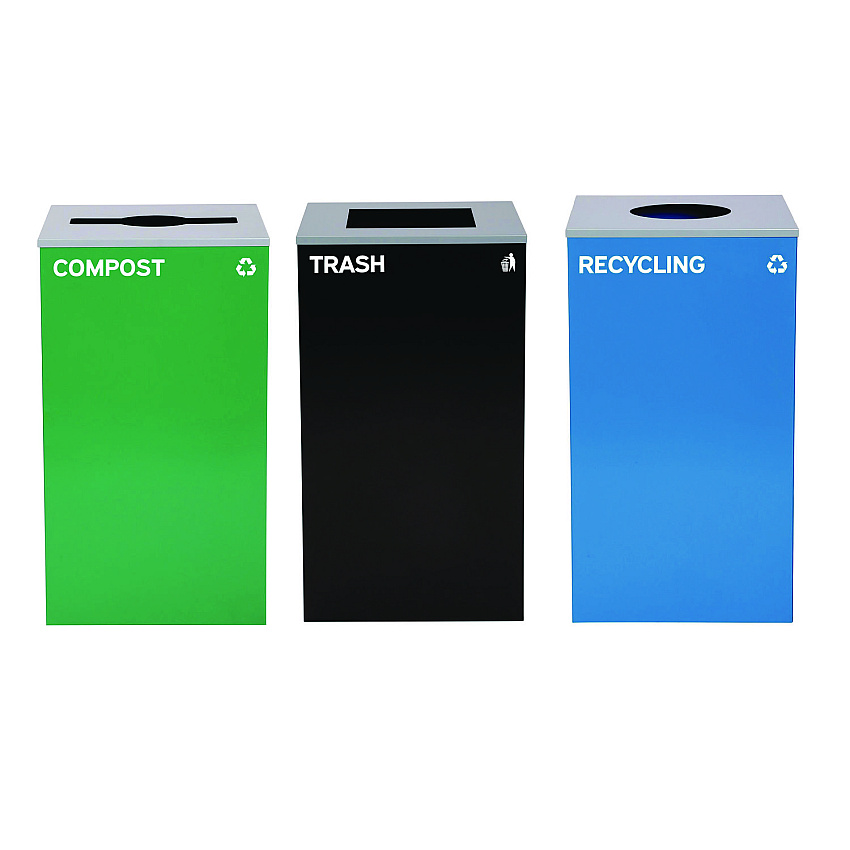Alpine 29 Gallon Trash/Recycling Cans, Steel, Blue Recycling Can w/Circle Lid, Green Compost w/Mixed Lid, Black Trash w/Square Lid (ALH4450BLKKIT36)
