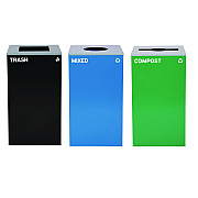 Alpine 29 Gallon Trash/Recycling Cans, Steel, Blue Mixed Recycling w/Circle Lid, Green Compost w/Mixed Lid, Black Trash w/Square Lid (ALH4450BLKKIT37)