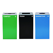 Alpine 29 Gallon Trash/Recycling Cans, Steel, Blue Cans/Bottles Recycling w/Circle Lid, Green Compost w/Mixed Lid, BK Trash w/Sq Lid (ALH4450BLKKIT38)