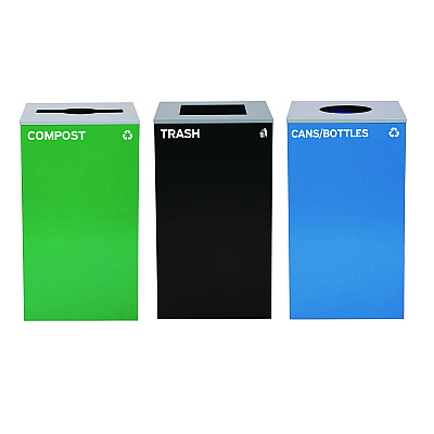 Alpine 29 Gallon Trash/Recycling Cans, Steel, Blue Cans/Bottles Recycling w/Circle Lid, Green Compost w/Mixed Lid, BK Trash w/Sq Lid (ALH4450BLKKIT38)