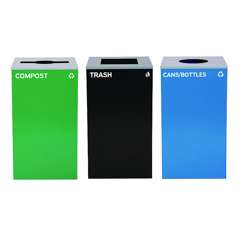 Alpine 29 Gallon Trash/Recycling Cans, Steel, Blue Cans/Bottles Recycling w/Circle Lid, Green Compost w/Mixed Lid, BK Trash w/Sq Lid (ALH4450BLKKIT38)