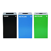 Alpine 29 Gallon Trash/Recycling Cans, Steel, Blue Recycling Can w/Circle Lid, Green Recycling w/Mixed Lid, Black Trash w/Square Lid (ALH4450BLKKIT39)