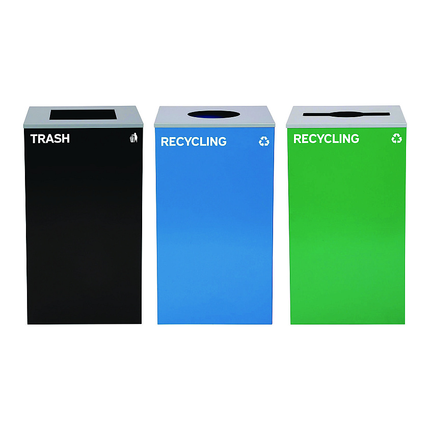 Alpine 29 Gallon Trash/Recycling Cans, Steel, Blue Recycling Can w/Circle Lid, Green Recycling w/Mixed Lid, Black Trash w/Square Lid (ALH4450BLKKIT39)