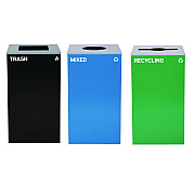 Alpine 29 Gallon Trash/Recycling Cans, Steel, Blue Mixed Recycling w/Circle Lid, Green Recycling w/Mixed Lid, Black Trash w/Sq Lid (ALH4450BLKKIT40)