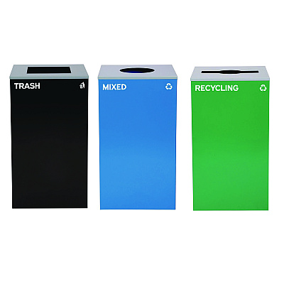 Alpine 29 Gallon Trash/Recycling Cans, Steel, Blue Mixed Recycling w/Circle Lid, Green Recycling w/Mixed Lid, Black Trash w/Sq Lid (ALH4450BLKKIT40)
