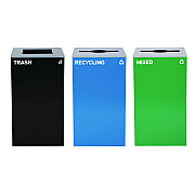 Alpine 29 Gallon Trash/Recycling Cans, Steel, Blue Recycling and Green Mixed Recycling Can w/Mixed Lids, Black Trash Can w/Sq Lid (ALH4450BLKKIT31)
