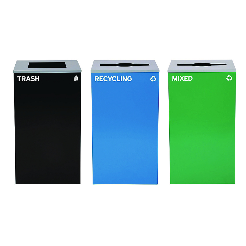 Alpine 29 Gallon Trash/Recycling Cans, Steel, Blue Recycling and Green Mixed Recycling Can w/Mixed Lids, Black Trash Can w/Sq Lid (ALH4450BLKKIT31)