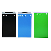 Alpine 29 Gallon Trash/Recycling Cans, Steel, Blue Recycling Can w/Circle Lid, Green Compost Can and Black Trash Can w/Square Lids (ALH4450BLKKIT32)