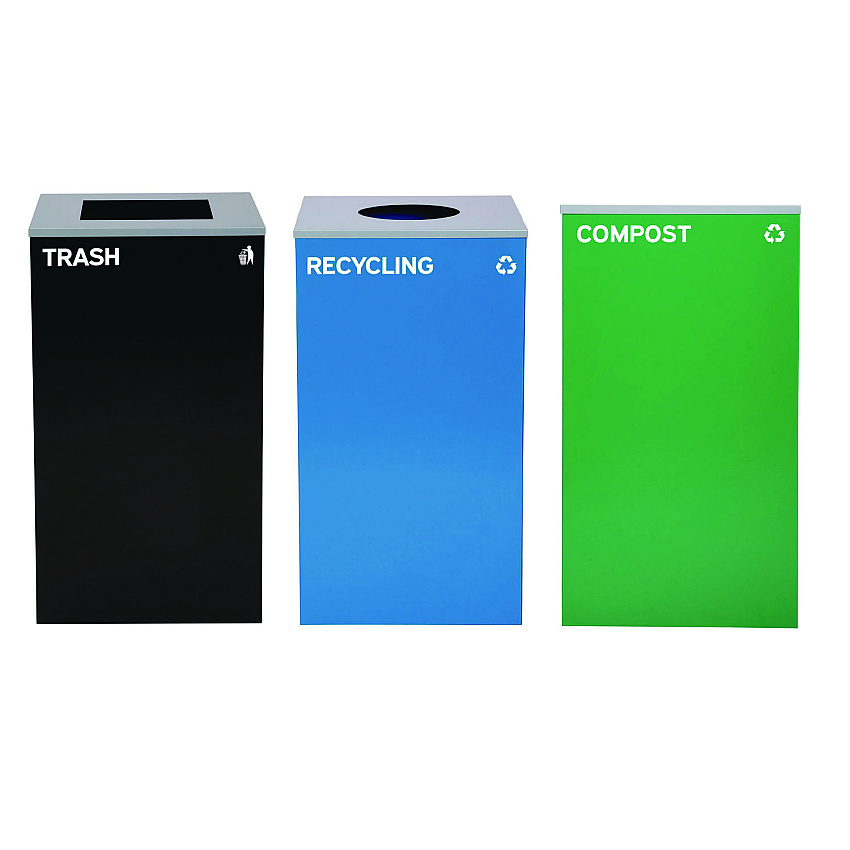 Alpine 29 Gallon Trash/Recycling Cans, Steel, Blue Recycling Can w/Circle Lid, Green Compost Can and Black Trash Can w/Square Lids (ALH4450BLKKIT32)