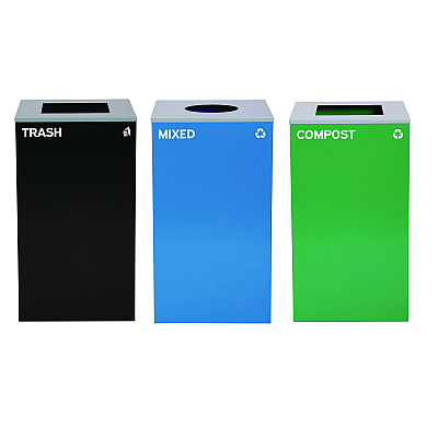 Alpine 29 Gallon Trash/Recycling Cans, Steel, Blue Mixed Recycling Can w/Circle Lid, Green Compost and Black Trash Cans w/Sq Lids (ALH4450BLKKIT33)