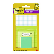 Post-it Notes Super Sticky Pad Collection Assortment Pack with Transparent Notes, Assorted Colors/Ruling/Sizes, 4 Pads/Pack (MMM4622SSGRIDTR)