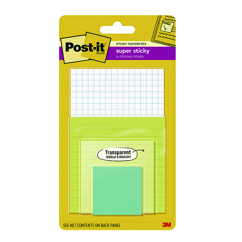 Post-it Notes Super Sticky Pad Collection Assortment Pack with Transparent Notes, Assorted Colors/Ruling/Sizes, 4 Pads/Pack (MMM4622SSGRIDTR)