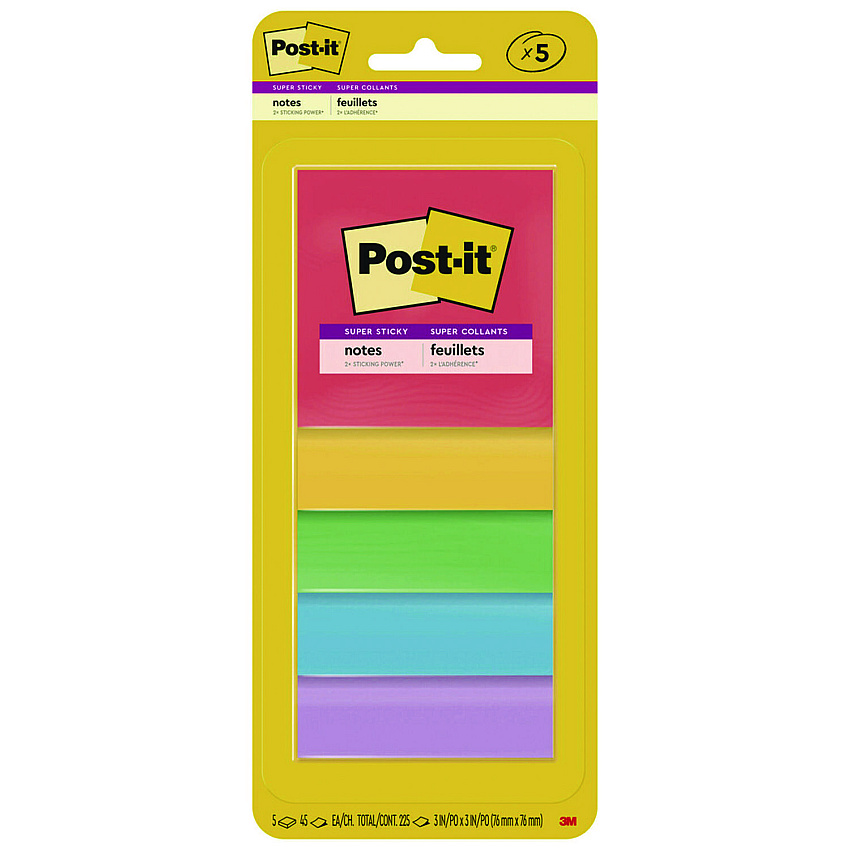 Post-it Notes Super Sticky Pads in Playful Primary Colors, 3" x 3", 45 Sheets/Pad, 5 Pads/Pack (MMM33215SSAN)