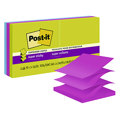 Post-it Pop-up Notes Super Sticky Pop-Up Notes Summer Joy Collection Colors, 3" x 3", Assorted Colors, 90 Sheets/Pad, 6 Pads/Pack (MMMR3306SSJOY)