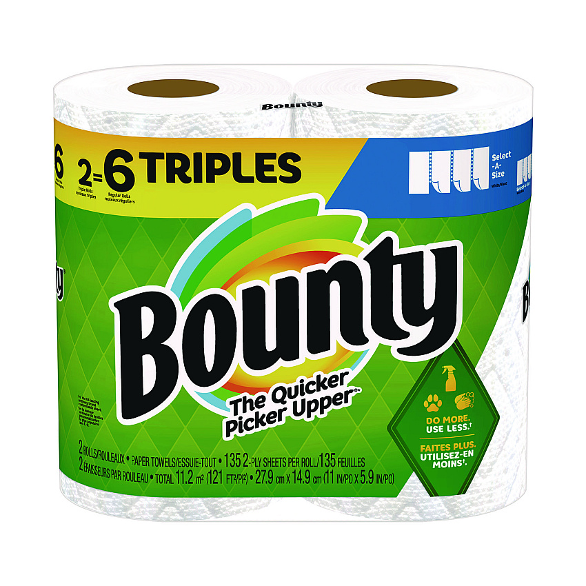 Bounty Select-a-Size Kitchen Roll Paper Towels, 2-Ply, 11 x 5.9, White, 135 Sheets/Roll, 2 Rolls/Pack (PGC06133)