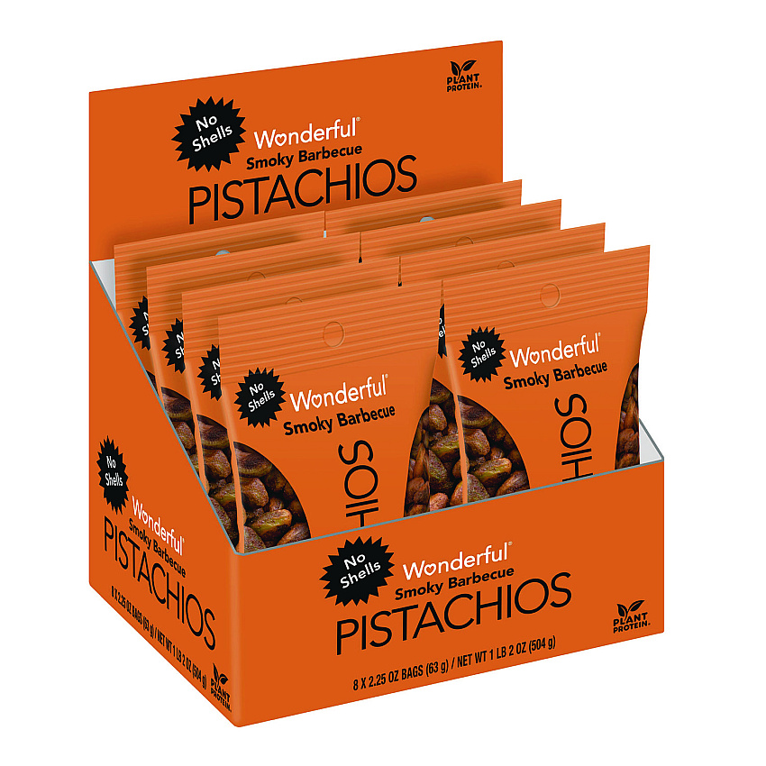 Wonderful No Shells Smoky Barbecue Pistachios, 2.25 oz Pack, 8/Box (WPSPAR70031)