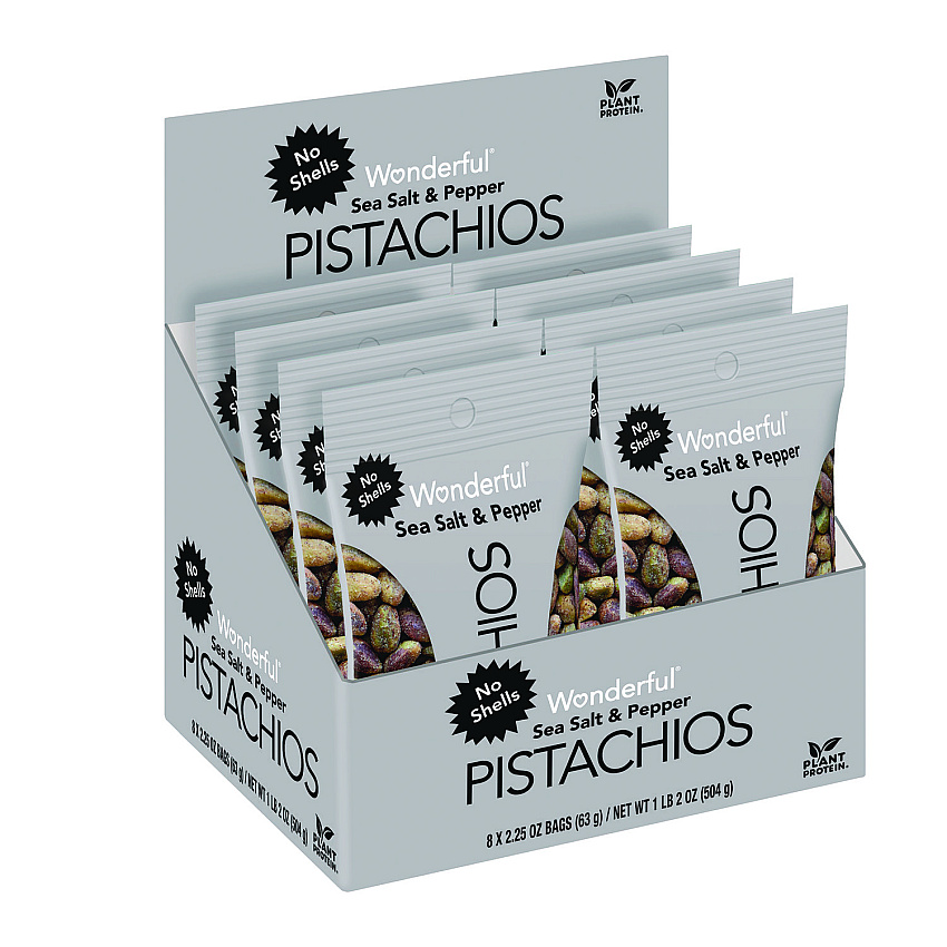 Wonderful No Shells Sea Salt and Pepper Pistachios, 2.25 oz Pack, 8/Box (WPSPAR70144)