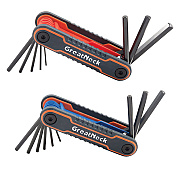 Great Neck Hex Key Fold-Up Tool Set, Two-Piece, Metric/SAE, Black-Oxide/Blue (SAE), Black-Oxide/Red (Metric) (GNS74205)