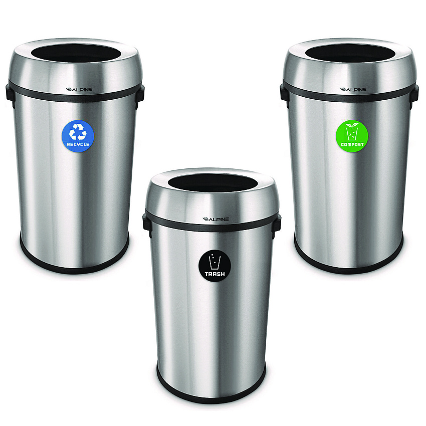 Alpine 17 Gallon Stainless Steel Open Top Recycling, Trash and Compost Station (ALH47065LRTCO)
