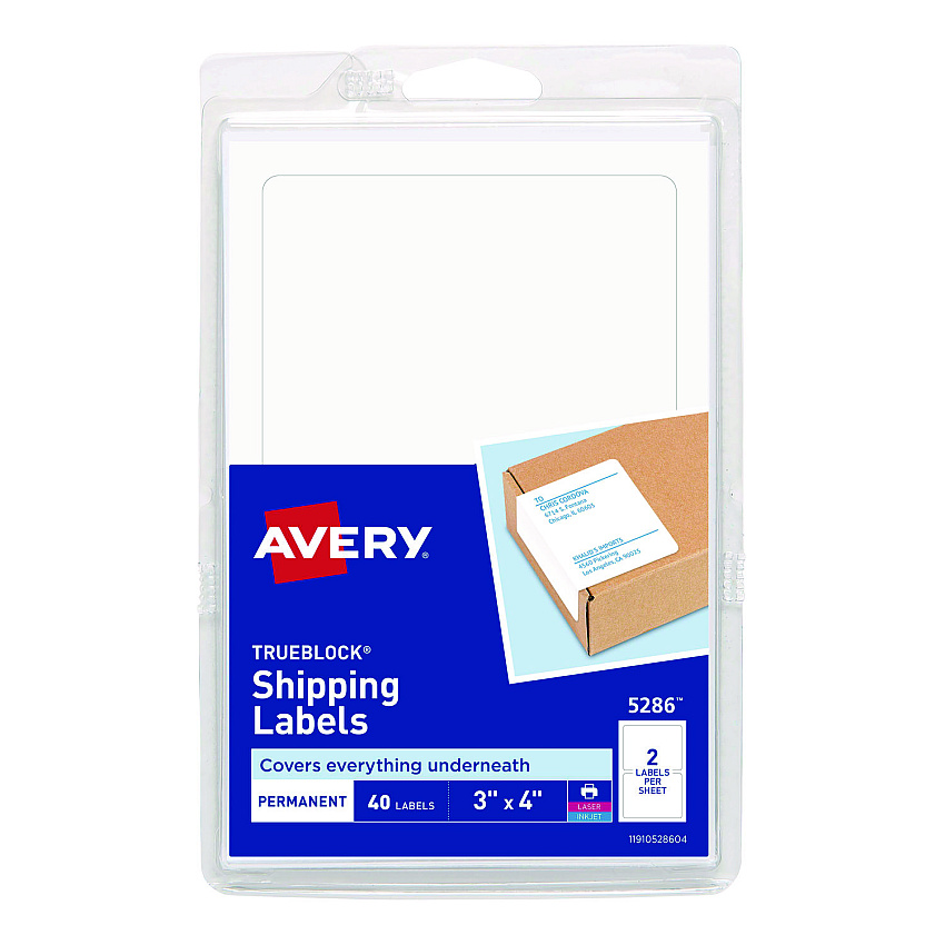 Avery Shipping Labels with TrueBlock Technology, Inkjet/Laser Printers, 4 x 3, White, 2/Sheet, 20 Sheets/Pack (AVE05286)