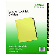 Office Essentials Preprinted Black Leather Tab Dividers, 12-Tab, Jan. to Dec., 11 x 8.5, Buff, 1 Set (AVE11484)