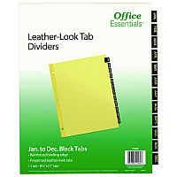 Office Essentials Preprinted Black Leather Tab Dividers, 12-Tab, Jan. to Dec., 11 x 8.5, Buff, 1 Set (AVE11484)